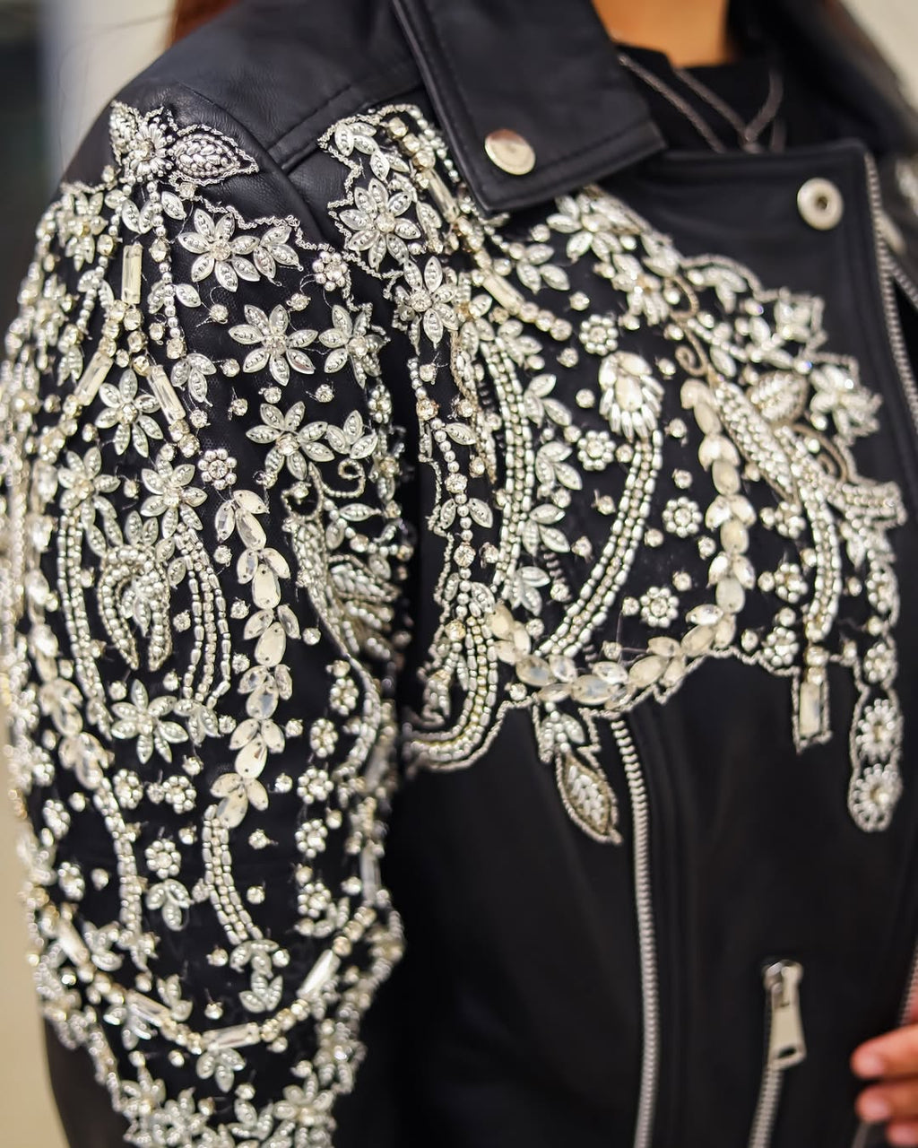 Black Leather Jacket embellished with detailed beadwork