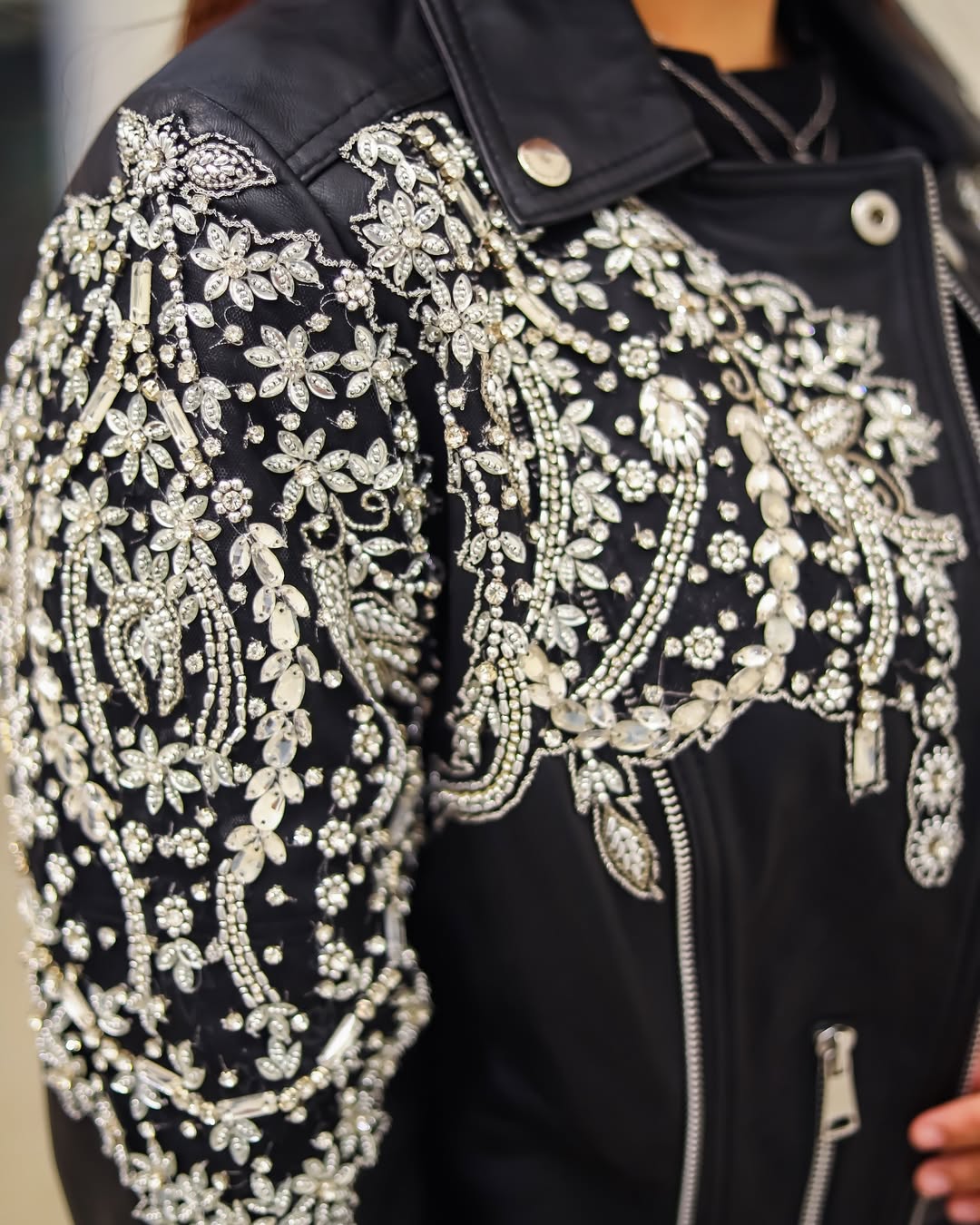 Black Leather Jacket embellished with detailed beadwork