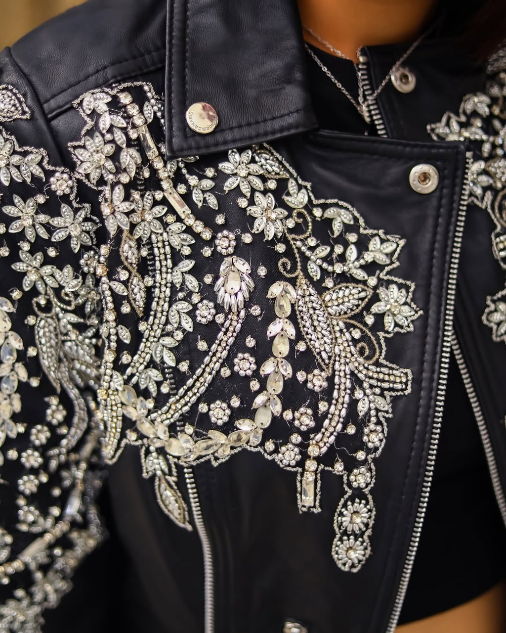 Black Leather Jacket embellished with detailed beadwork