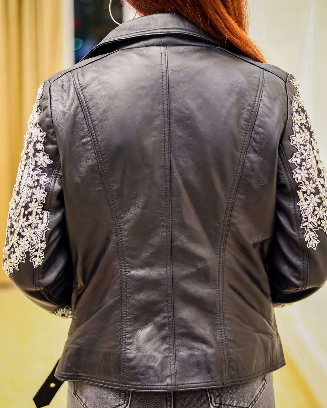 Black Leather Jacket embellished with detailed beadwork