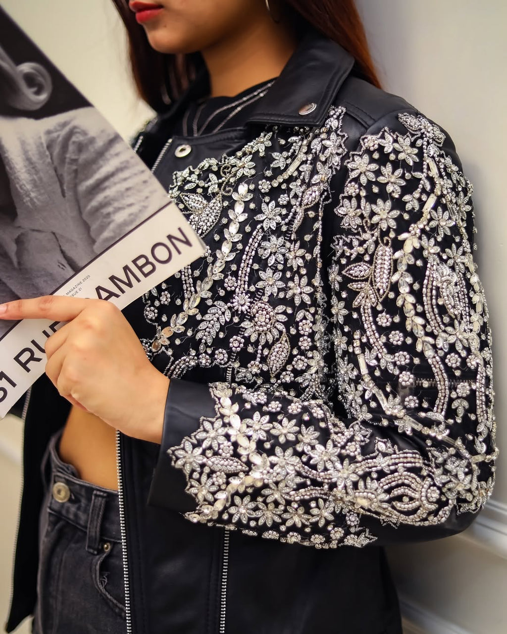 Black Leather Jacket embellished with detailed beadwork