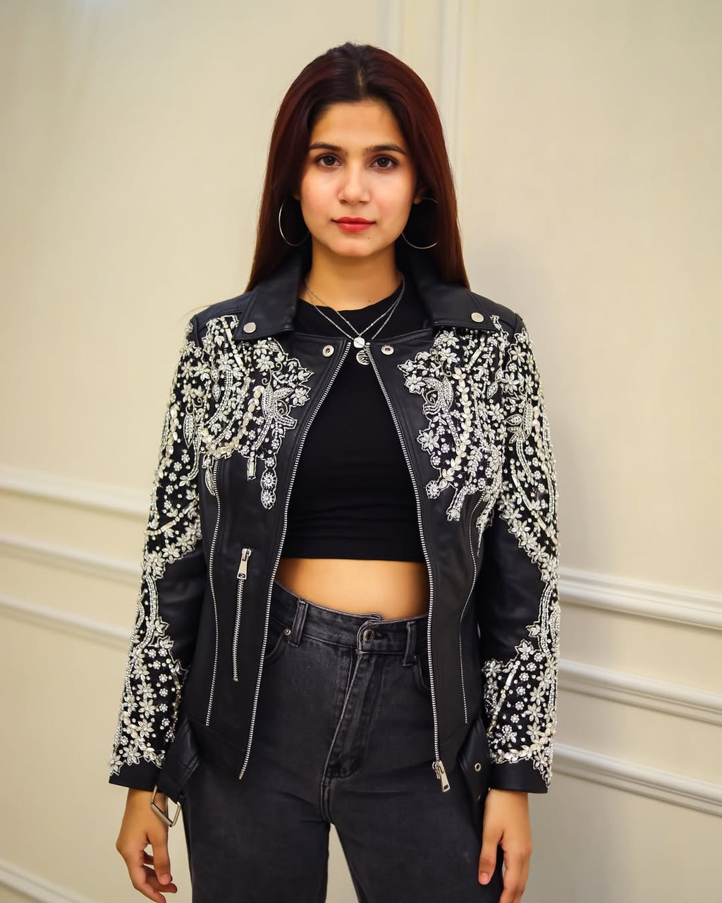 Black Leather Jacket embellished with detailed beadwork