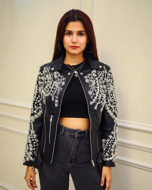 Black Leather Jacket embellished with detailed beadwork