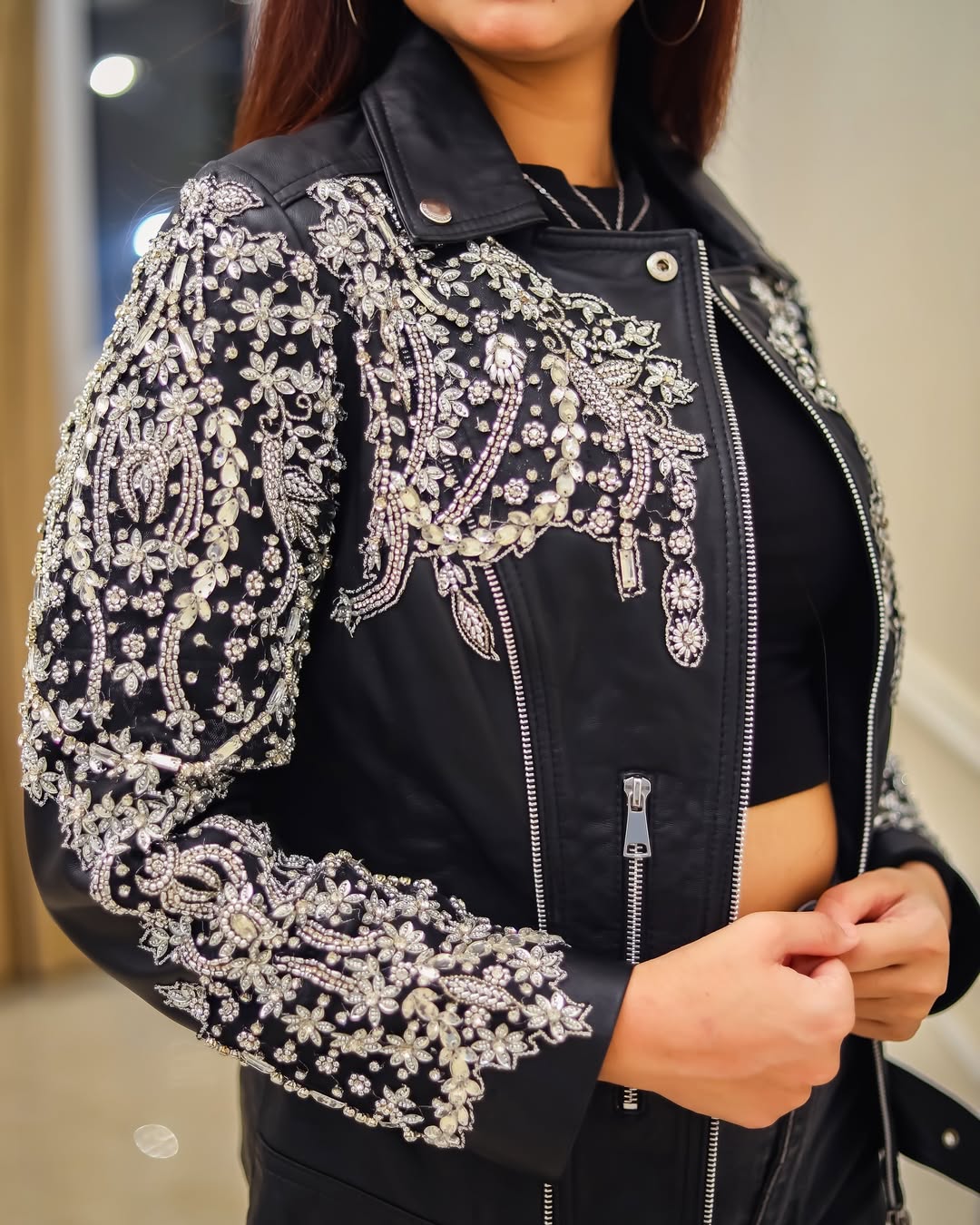 Black Leather Jacket embellished with detailed beadwork
