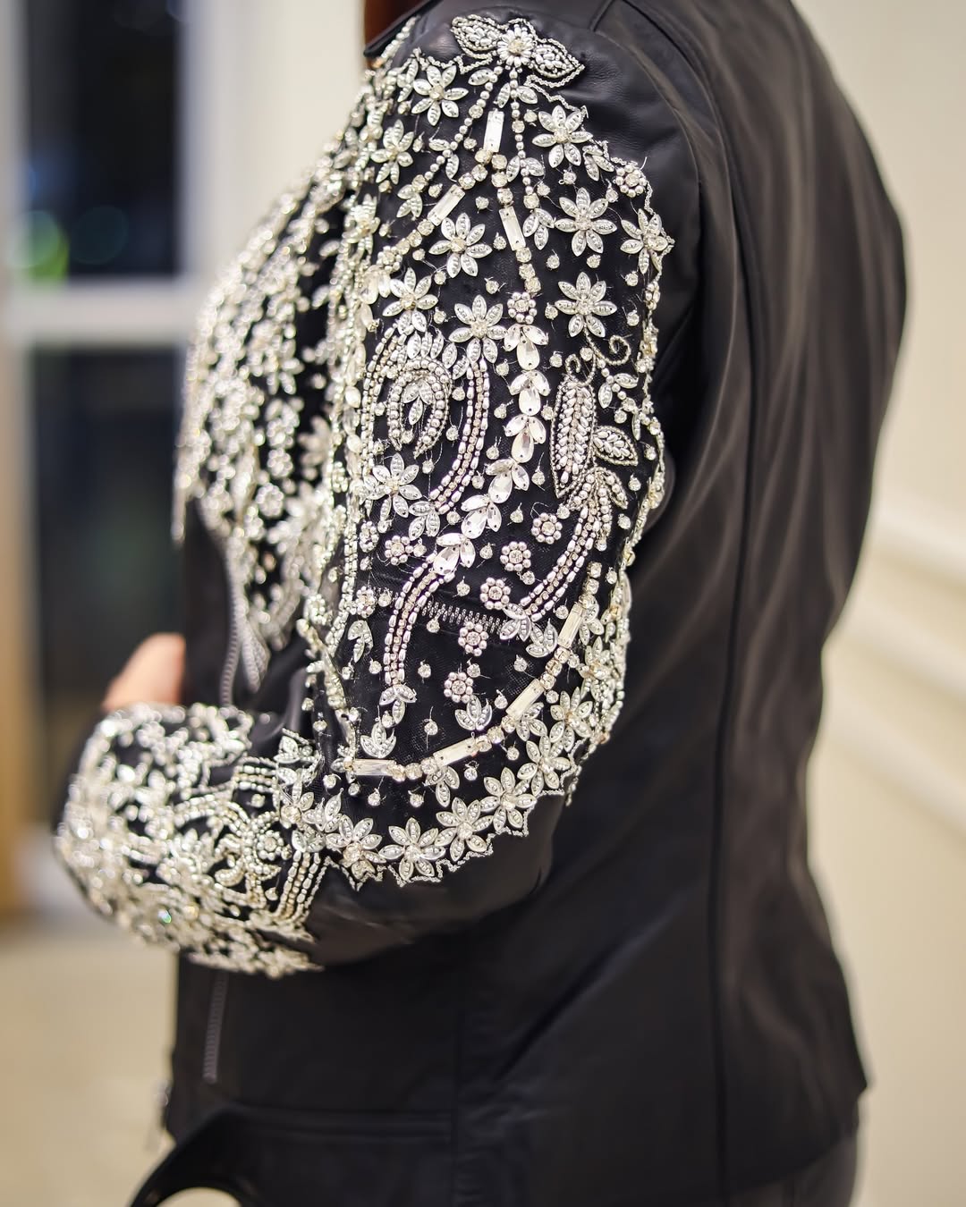 Black Leather Jacket embellished with detailed beadwork