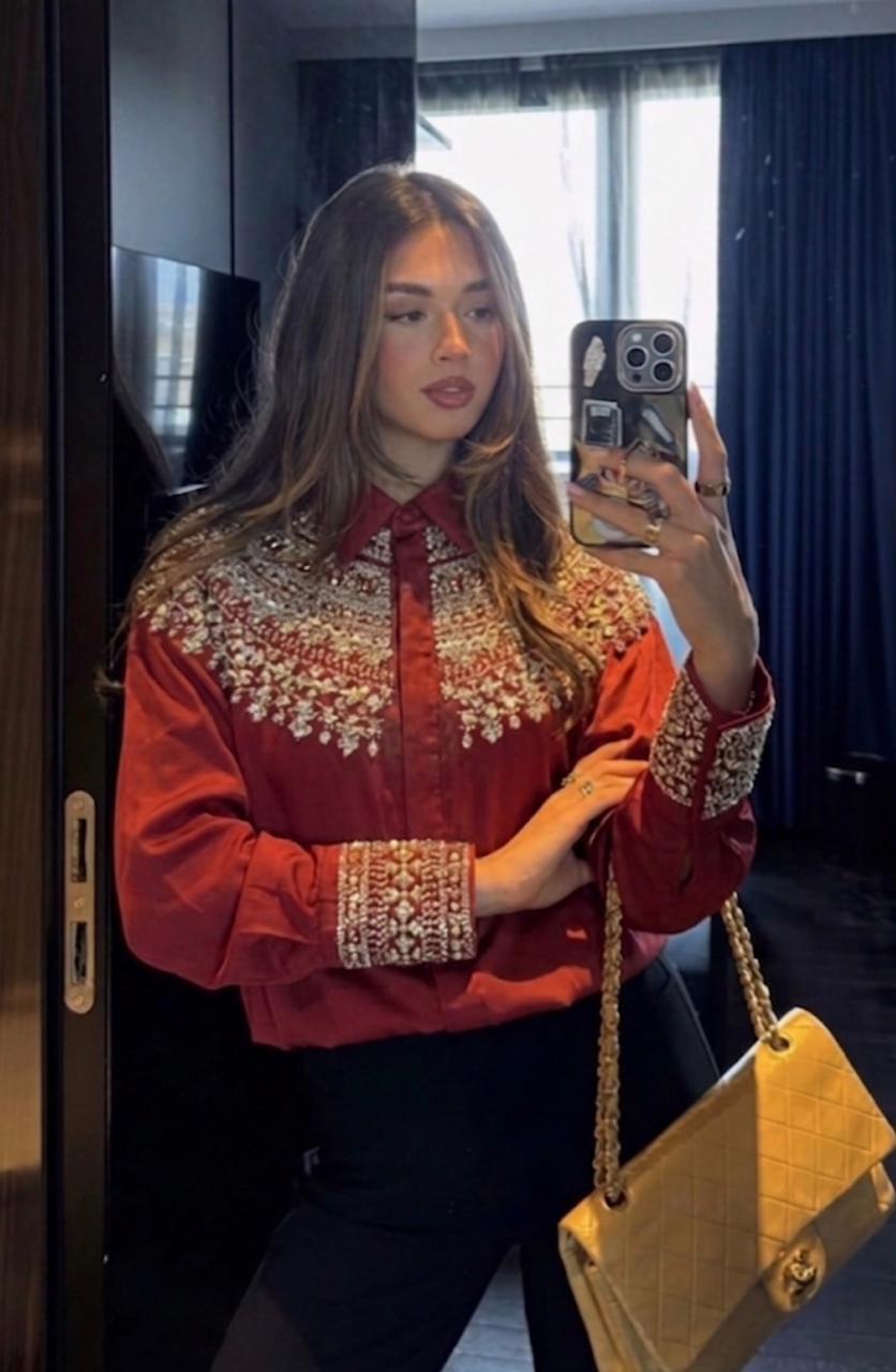 Crimson Luxe Embellished Shirt